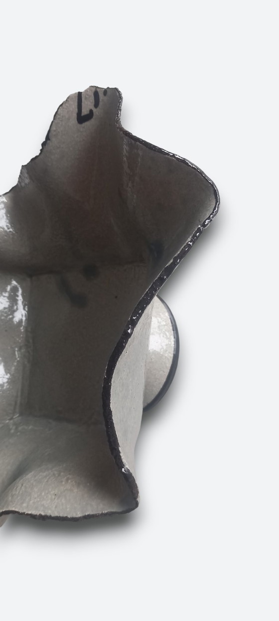 Image 1 of Studio ceramic bowl on foot with organic shape and gray glaze – signed studio mark