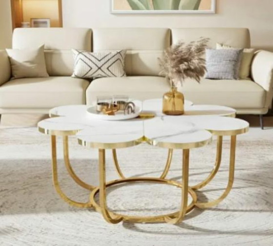 Image 1 of Modern Flower-Shaped Coffee Table, White Faux Marble & Metallic Gold: New in Box