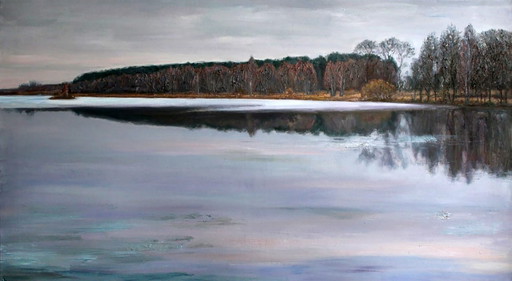 Original Oil Painting River Landscape Nature Forest Autumn Balance