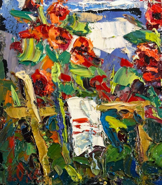 Image 1 of Original Oil Painting Summer Flowers Landscape Mallows are blooming near the house