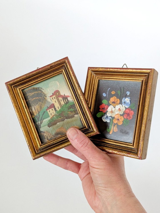 Image 1 of Pair of Small Italian Oil Paintings, Floral and Landscape, Gilded Wood Frames, Signed
