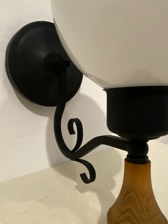 Vintage Opal Glass Globe Wall Lamp with Wood Detail, 1970s, Wall lights, Metal, Black (photo 6 of 16)
