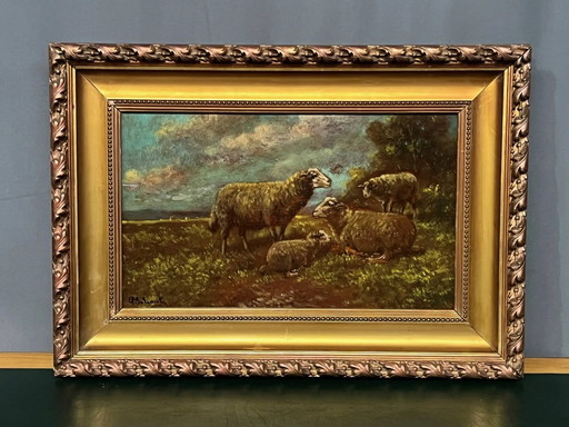 Paul Schouten (1860–1922). Peinture originale signée « Moutons ». Huile sur panneau. – schilderijen tekeningen (photo 2 of 7)