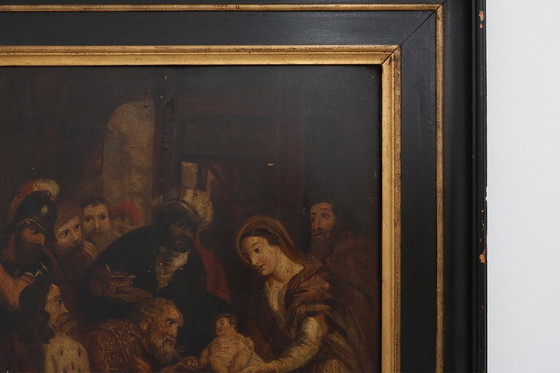 Image 1 of Pintura religiosa flamenca del siglo XVIII enmarcada al óleo sobre madera Adoración de los Magos