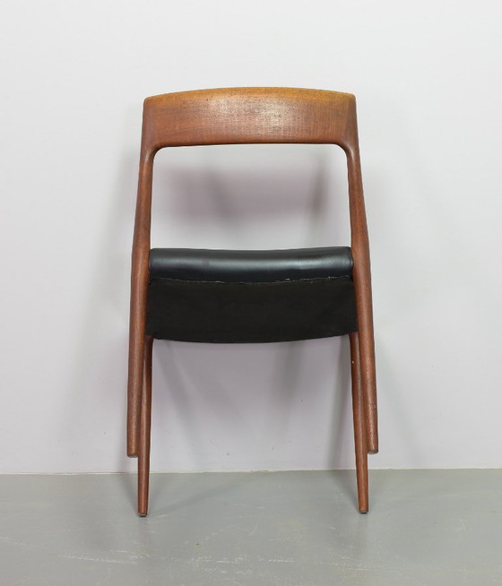Image 1 of Mid-Century Scandinavian Niels Otto Moller Teak Wooden Dining Chairs with Black Leather Upholstery, Model 77. Set of 4.