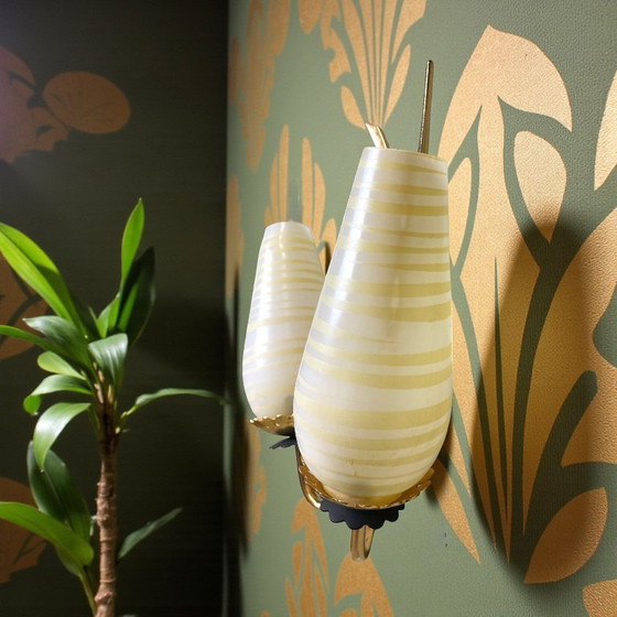 Image 1 of Applique da parete doppia in vetro e ottone Mid-Century Modern, anni '50-'60