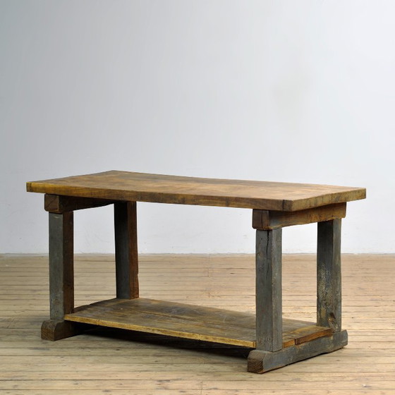Image 1 of Industriële eikenhouten werktafel, circa 1950