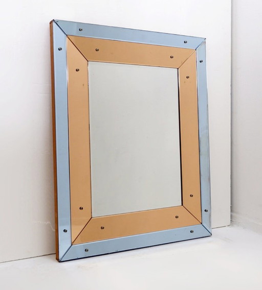 Facettierter Wandspiegel mit blauen und kupferfarbenen Spiegelpaneelen – Italien, 1930er Jahre