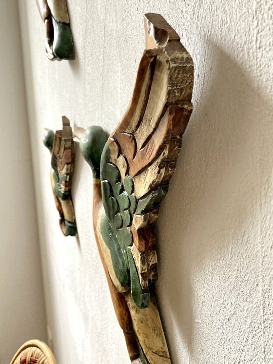 Trio di anatre germano reale in legno intagliato e dipinto, Decorazione murale, Decorazioni murali, Verde (foto 6 di 19)