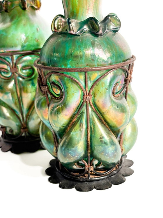 Pair of 1920s Loetz Glass and Wrought Iron Vases – Art Nouveau (photo 6 of 21)
