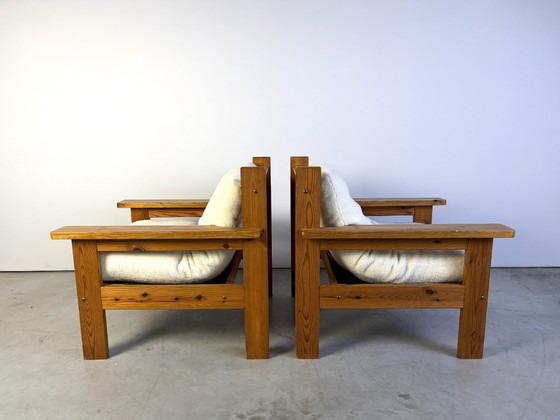 Pair of pine wood boucle fabric armchairs, 1980s, Textile, Brown, Mid Century Modern (photo 4 of 9)
