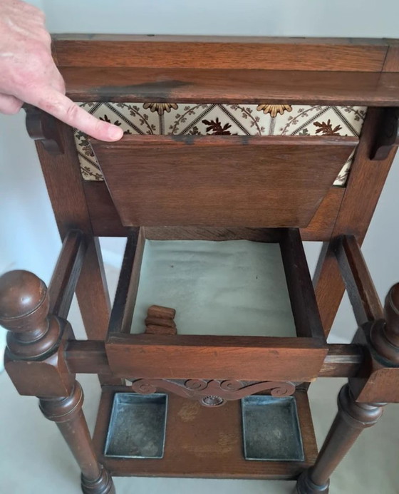 Image 1 of Unique Antique Victorian Oak Hall Stand - Umbrella & Stick Stand with original Floral Tiles