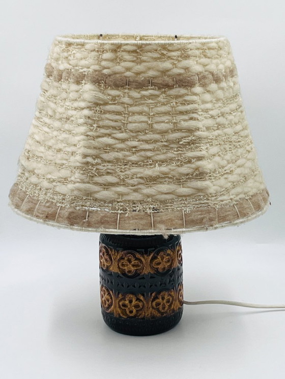 Image 1 of Vintage ceramic relief lamp with wool lampshade