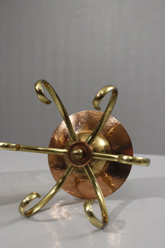 Image 1 of Modernist design candlestick from the 1950s in copper, brass & smoked glass