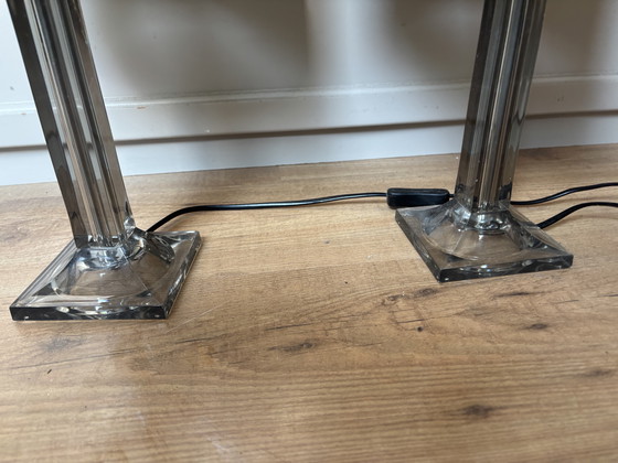 Image 1 of Set Of 2 Table Lamps With Smoked Glass Base And Green Velvet Shade