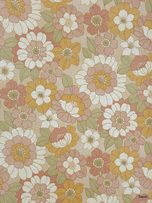 14291 retro floral wallpaper orange pink green