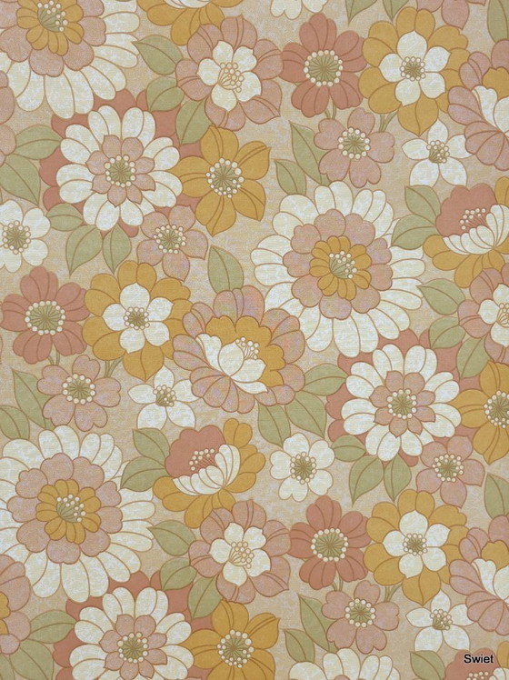 Image 1 of 14291 retro bloemen behang oranje roze groen 