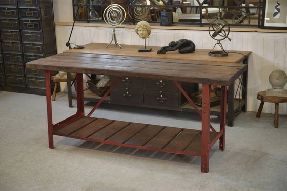 Industrielle Werkbank 1950er Jahre – Schreibtisch, Holz, Polierter Stahl, Industrieel (photo 2 of 15)