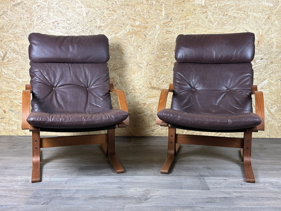 Image 1 of 2x 60s 70s Easy Chair poltrona in pelle Westnofa Norvegia Mid Century