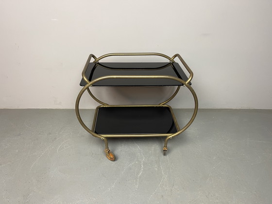 Elegante carrello bar in ottone e vetro nero di metà secolo, prodotto da Grünstadt, Germania, anni '50. (photo 3 of 15)