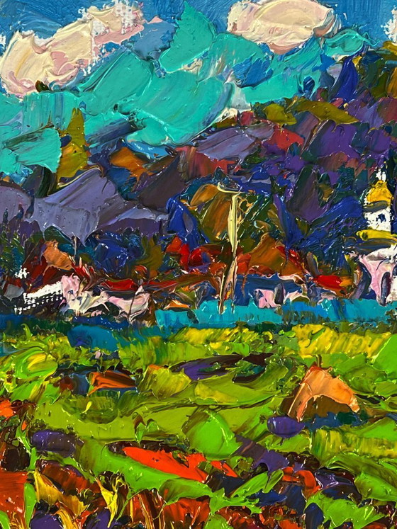 Image 1 of Peinture à l'huile originale représentant un paysage rural. Un village se dessine au loin.