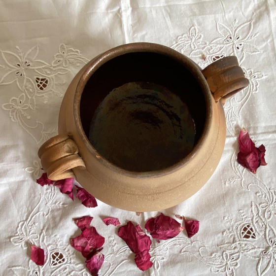 Image 1 of Pequeña olla de cerámica para cocinar de terracota de gres antiguo