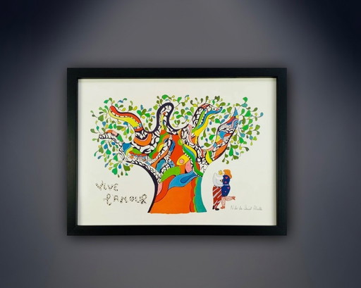 Niki de Saint Phalle: " Vive l'amour." Signed in the plate. In high-quality wooden gallery frame and non-mirroring acrylic gla