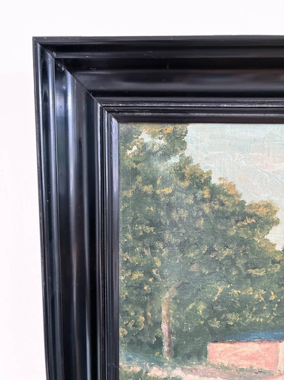 Image 1 of Peinture à l'huile originale vintage représentant un paysage, signée, œuvre d'art de ferme