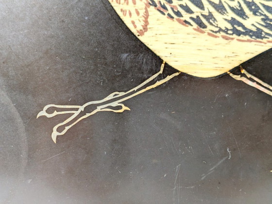 Image 1 of Grande vassoio di metà secolo di Couroc of Monterey | Intarsio Roadrunner | Resina fenolica nera