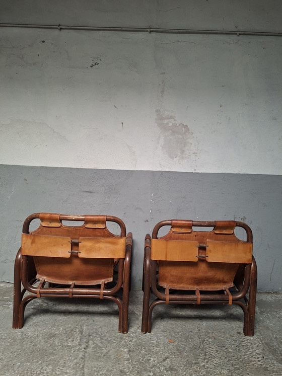 Image 1 of 2 poltrone safari in pelle e bambù di Tito Agnoli per Bonacina