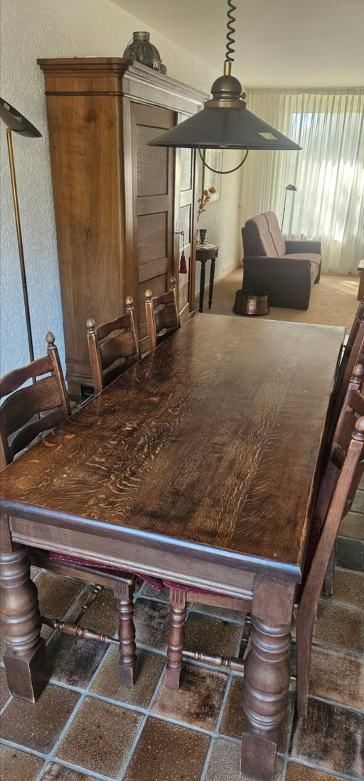 Mesa de comedor antigua de roble con sillas – eettafels, Textile, Wood