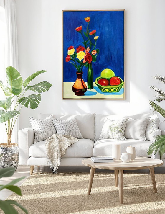 Image 1 of Acrylic painting by the artist E. García "Bodegón con fondo azul" 100x70 cm