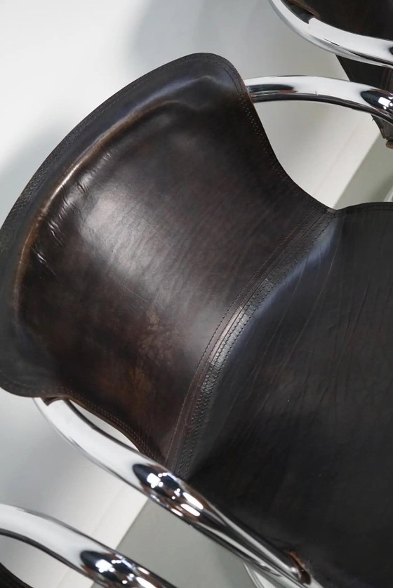 Image 1 of Set van vier bruine leren eetkamerstoelen, Willy Rizzo, jaren 1970