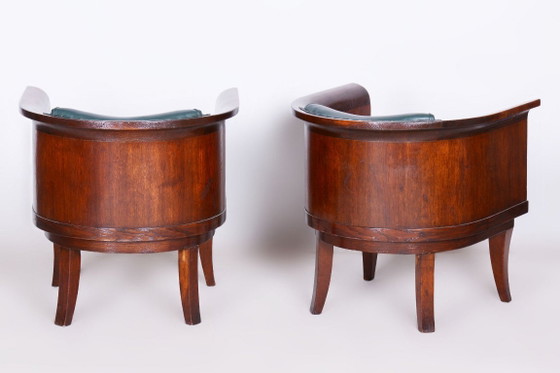 Pair Of Restored Art Deco Armchairs, by F. And H. Gessner, Oak, Czech, 1920s – Leather, Wood (photo 3 of 9)