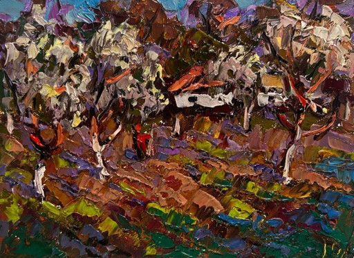 Pintura al óleo original. Paisaje de árboles sombríos. Jardines en flor. La primavera se despliega.