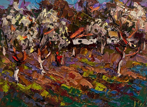Image 1 of Original Oil Painting Gloomy Trees Landscape Gardens in bloom spring is unfolding