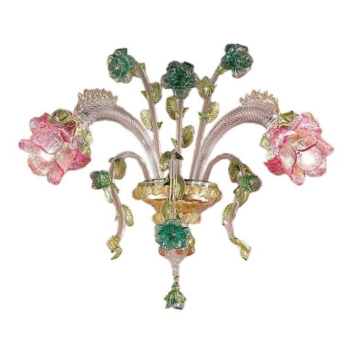 Luxuriöse, klassische Wandleuchte aus Muranoglas mit floralem Muster – Venezianisches Design in Rosa und Grün