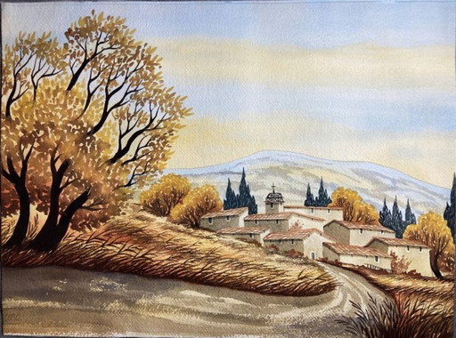 Watercolor Village of Provence Art France Painting Framed Signed Cardi ?? Artwork