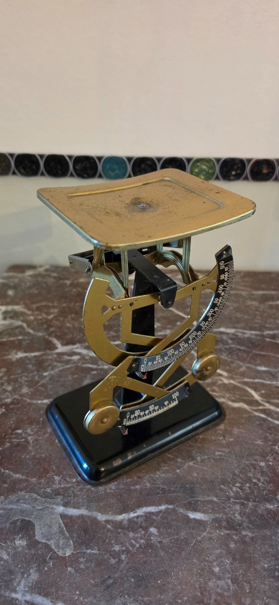 Bilancia di precisione vintage in metallo dorato e nero, Jakob Maul, Oggetti decorativi (foto 4 di 9)