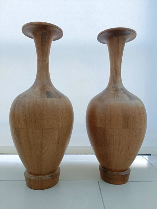Vintage set rare Midcentury Art Vase in Hardwood by Maurice Bonami for De Coene Frères. Made in Belgium in the 1950s