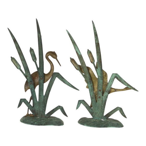 Statuette di metà secolo raffiguranti un airone e un'anatra, in ottone e metallo verde, 35 cm. – Sculture (photo 5 of 13)