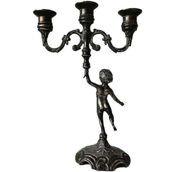 Image 1 of Vintage zware messing Putti Cherubijn 3-armige kandelaar 1960's