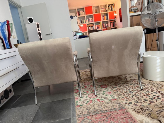 2 x Vintage Gelderland, Alcantara Taupe – Fauteuils, Textile, Chrome (photo 3 of 5)