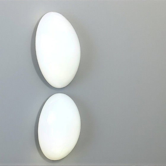 Image 1 of Pair of Art Deco style white opaline glass flush mount ceiling or wall lights 30 and 27cm