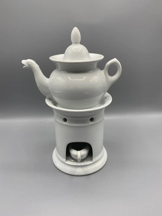 Complete White Porcelain Herbal Tea Set – Teapot, Warmer, and Cup – Circa – Crockery (photo 2 of 6)