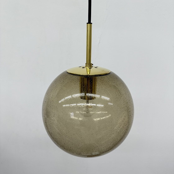 Image 1 of Limburg Glashütte Brass Smoked Glass Ball Pendant Hanging Lamp, 1970s