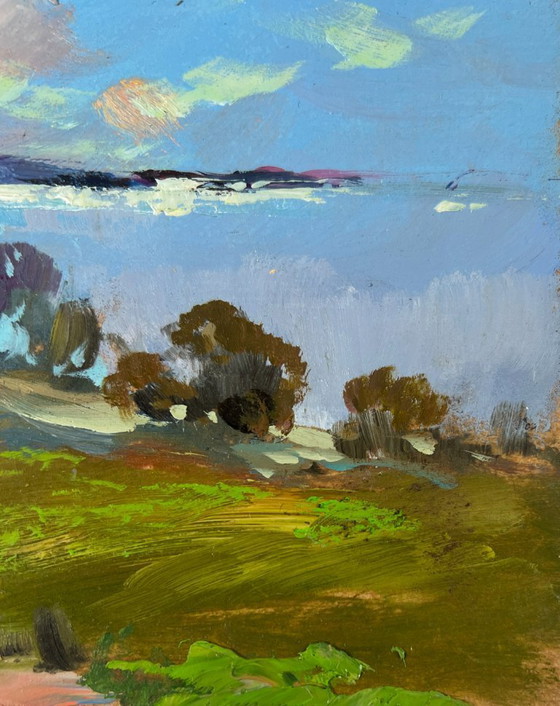 Image 1 of Peinture à l'huile originale, paysage de route d'été. L'harmonie paisible de la nature.