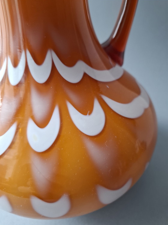 Image 1 of Vintage Art Glass Vase/Jug 23 cm, FS Prokuplje Jugoslavija, Orange White. MCM, Art Glass, 70s