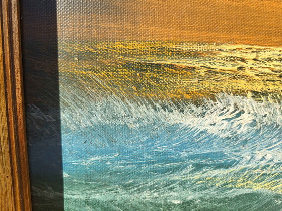 Dipinto a olio vintage incorniciato: Paesaggio marino al tramonto – Dipinti e disegni, Tela (photo 7 of 8)