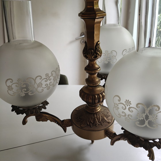 Image 1 of Vintage 3-Light Neo-Classical / Empire Style Chandelier – Ornate Brass Tone & Frosted Glass